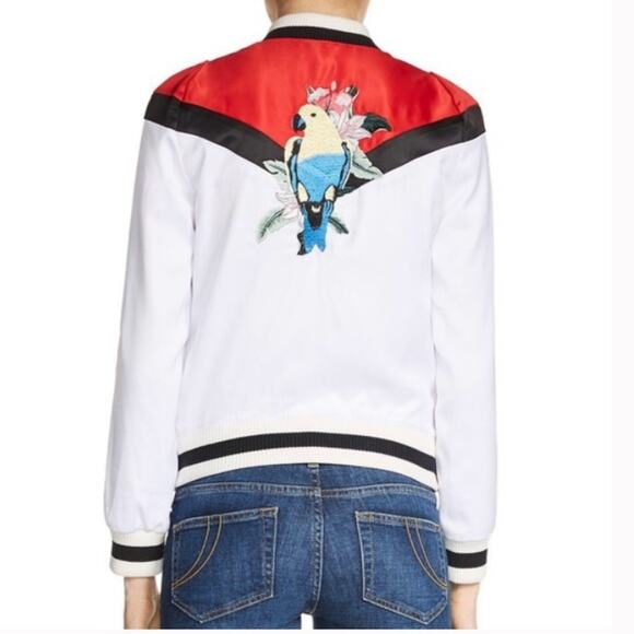 Maje Betty Satin Embroidered Parrot Floral Red/White Satin Bomber Jacket